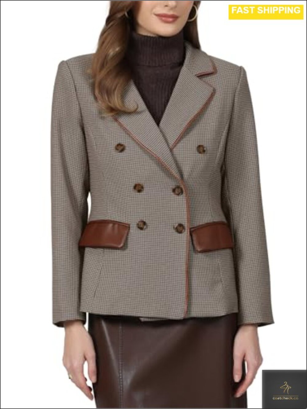 Houndstooth Plaid Double Breasted Blazer Notch Collar Business Casual